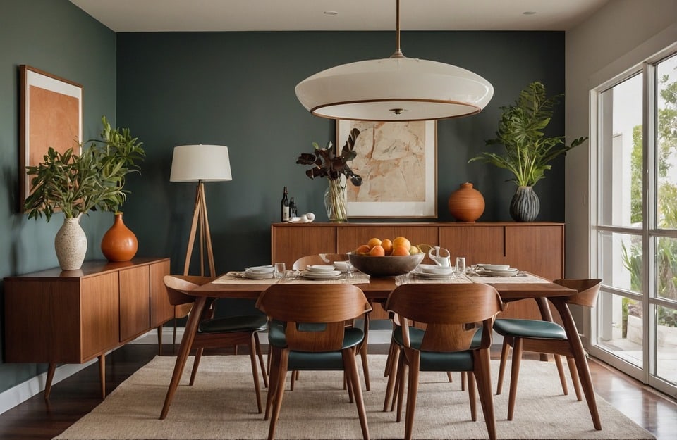 Sala da pranzo con arredi in legno scuro e parete verde, stile mid-century