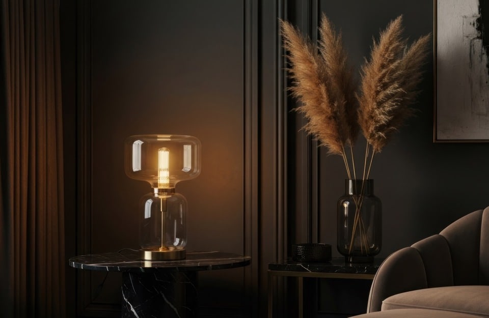 Angolo living con pareti scure e dettagli in legno scuro, atmosfera elegante