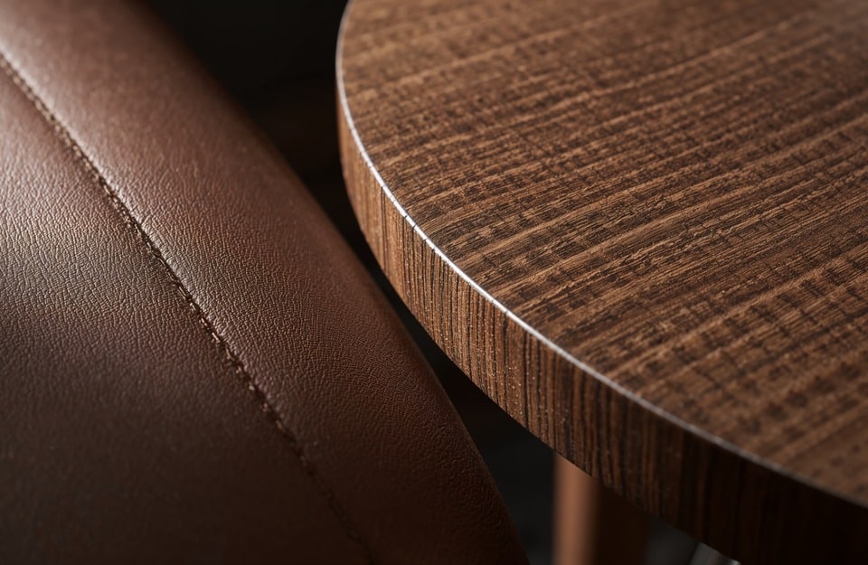 Dettaglio di piano in legno scuro con venatura, accostato a pelle marrone