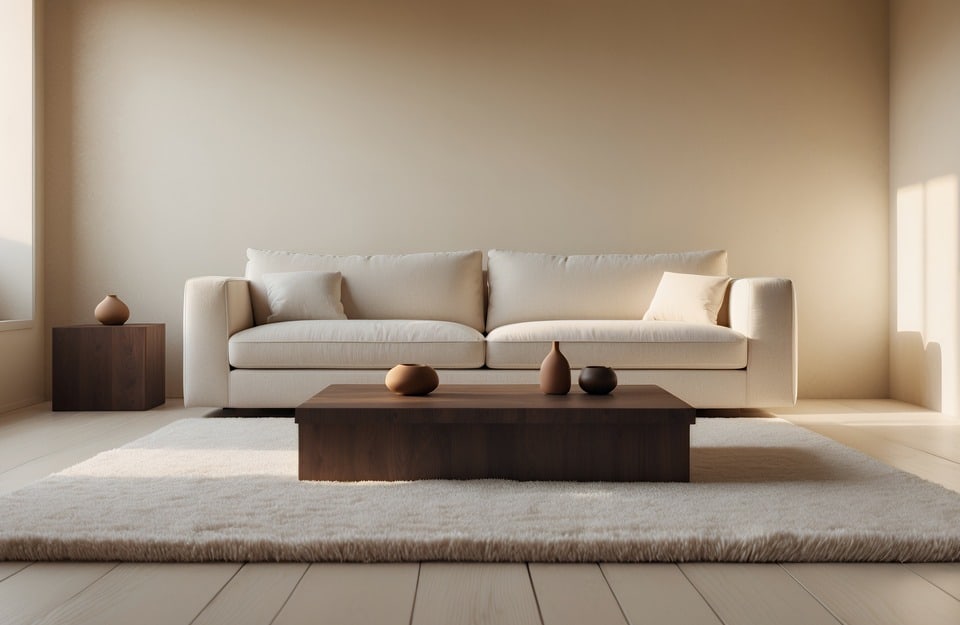 Soggiorno minimal con divano chiaro e tavolino in legno scuro, palette neutra