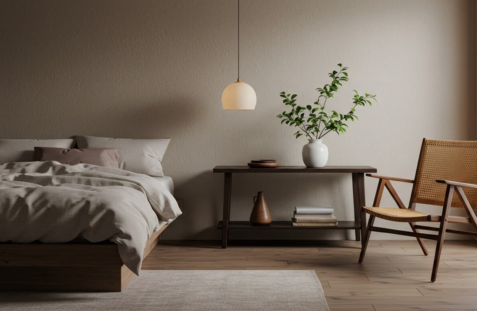 Camera da letto con arredi in legno scuro e toni neutri, atmosfera calda e minimal