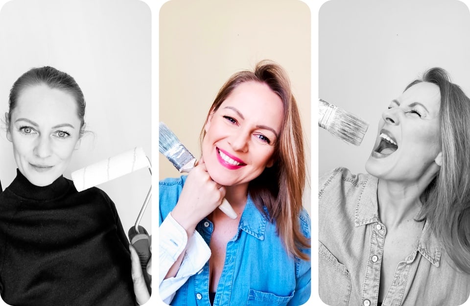 Tre ritratti, due in bianco e nero e uno a colori, della decoratrice Magdalena Chudecka