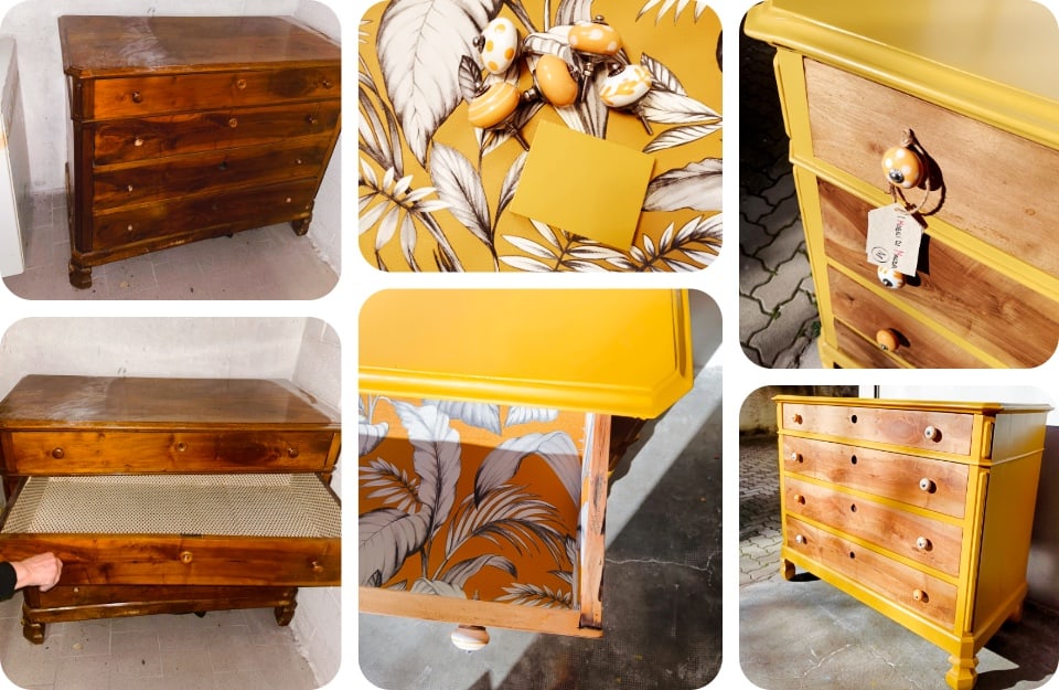 Il prima e il dopo di un restyling di un cassettone antico, realizzato dalla decoratrice Magdalena Chudecka con i prodotti Rio Verde