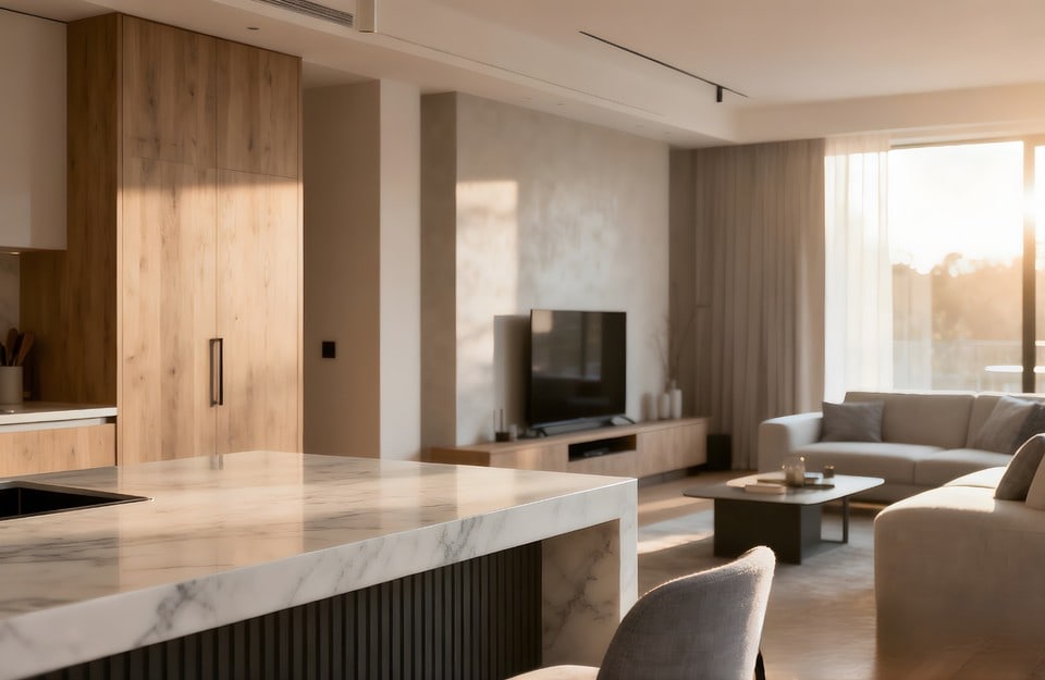 Open space minimalismo caldo con legno chiaro, toni neutri e luce naturale