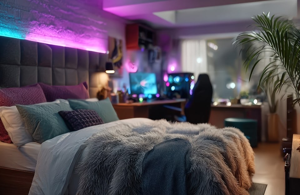 Camera gaming con luci LED viola e blu, postazione PC e atmosfera tech