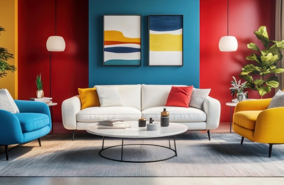 Soggiorno color block con pareti rosse e blu, divano bianco e poltrone colorate