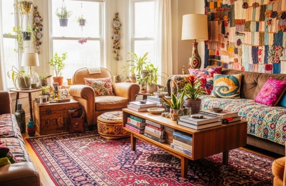 Living cluttercore con molti oggetti, piante e tessili colorati, atmosfera massimalista