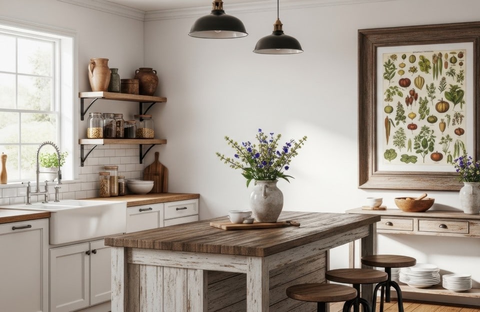 Cucina in stile naturale con mensole in legno, dettagli botanici e luce morbida