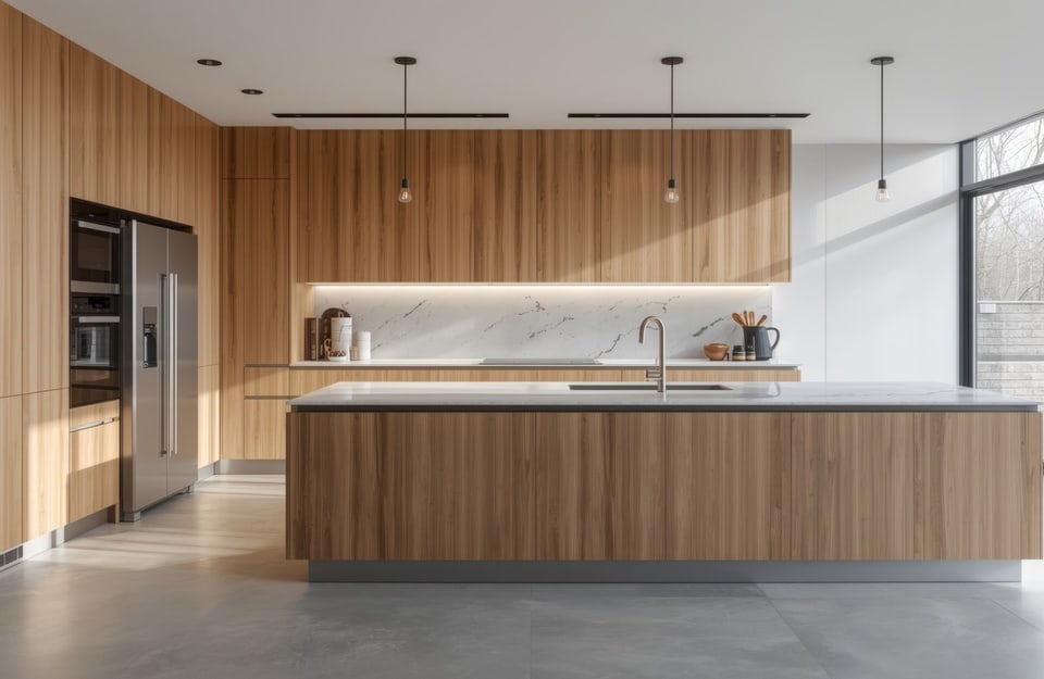 Cucina in legno chiaro con isola centrale e ampie finestre in stile naturale 2026