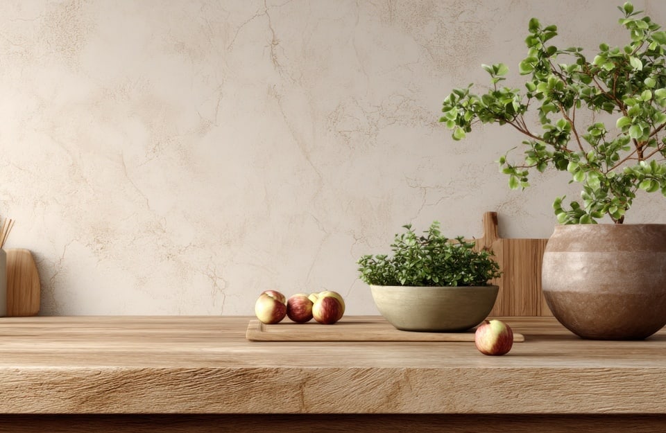 Piano cucina in legno naturale con isola moderna e superfici neutre