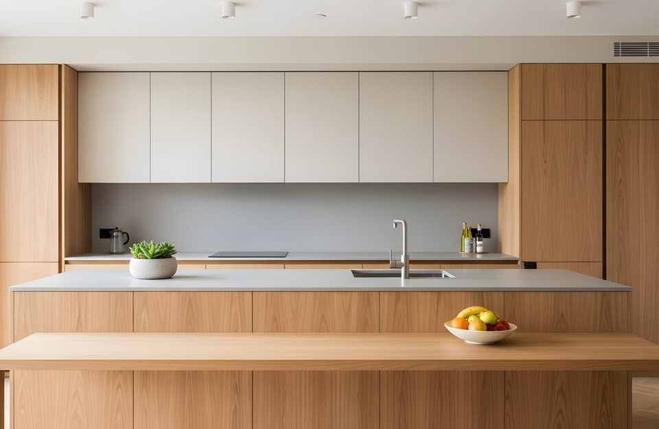 Ante verticali in legno naturale con finitura opaca in cucina moderna 2026