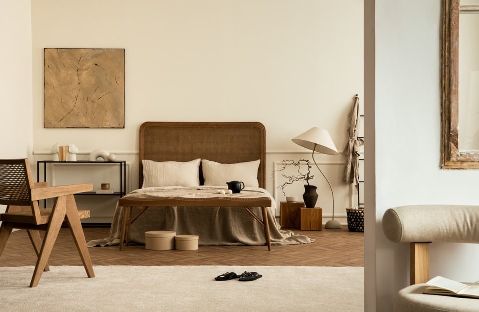 Camera da letto con testiera in paglia di Vienna/rattan, toni avorio e legno, tessili morbidi: resa &ldquo;cocooning&rdquo; e sobria.
