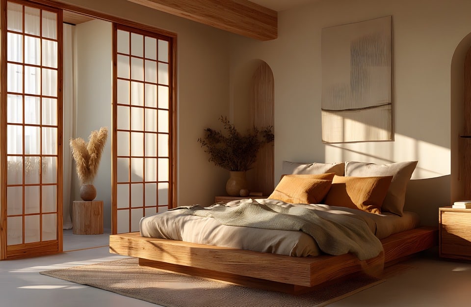 Camera da letto Japandi 2.0 con letto in legno e pannelli shoji