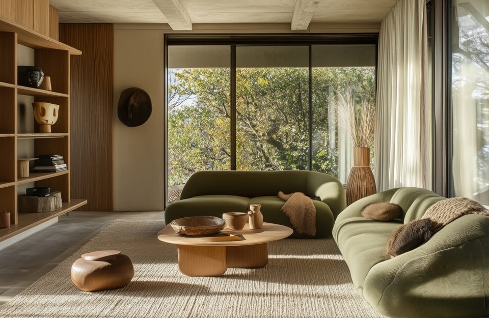 Soggiorno Japandi 2.0 con divani verde oliva e arredi in legno naturale