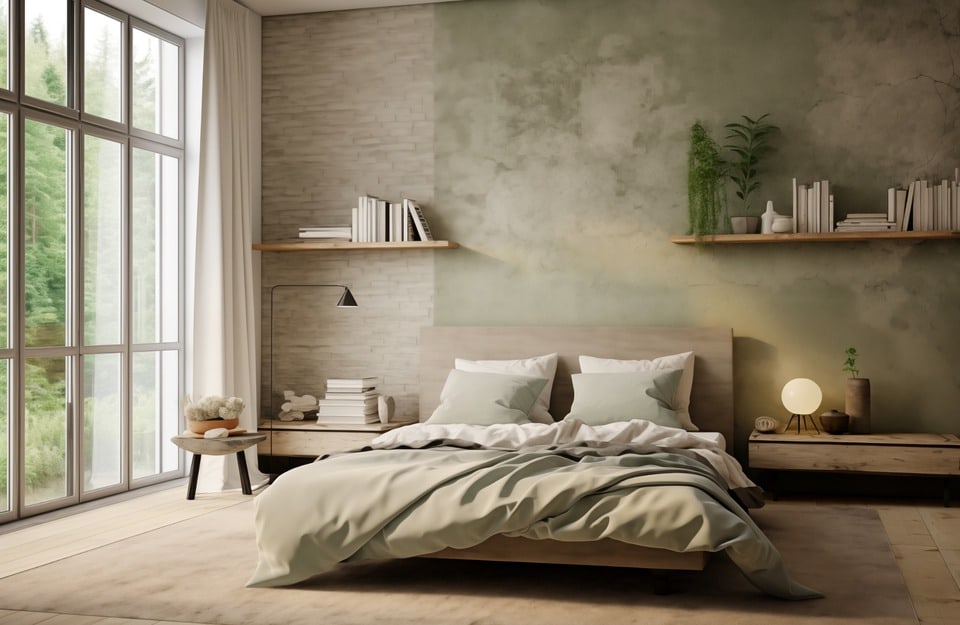 Camera da letto Japandi 2.0 con parete verde salvia e legno chiaro