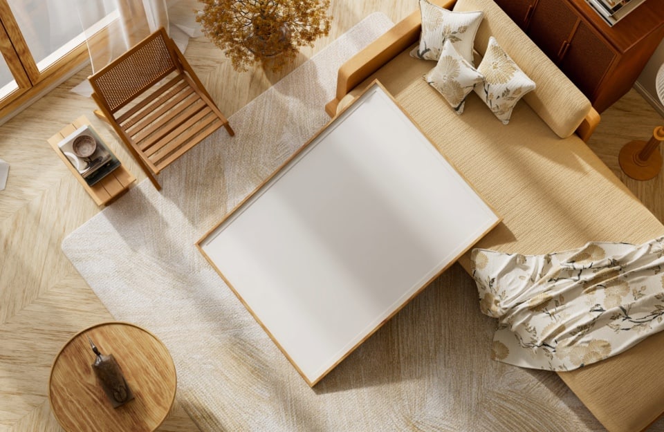 Soggiorno legno chiaro materiali naturali tessili neutri interior design luminoso