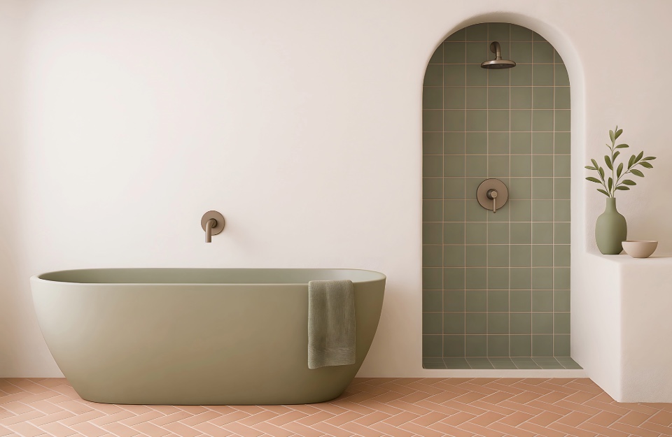 Bagno verde salvia pavimento cotto materiali naturali interior design contemporaneo