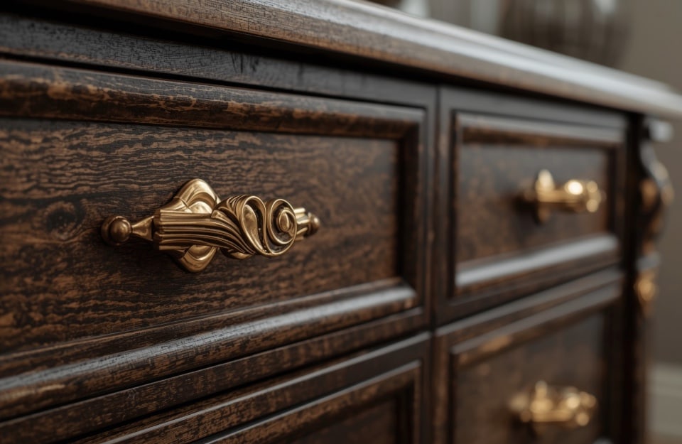 Mobile legno scuro maniglia oro contrasto materico design naturale dettagli metallici