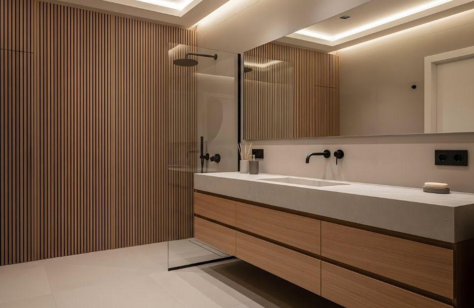 Bagno moderno con mobile sospeso e pareti a listelli in legno