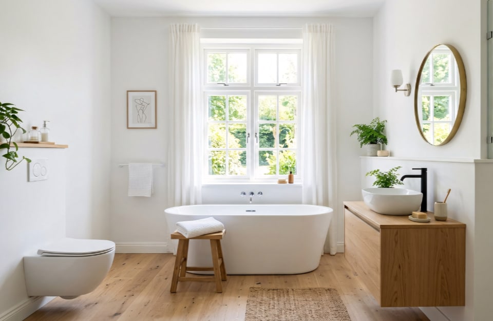 Bagno in legno con pavimento e mobile lavabo in legno chiaro