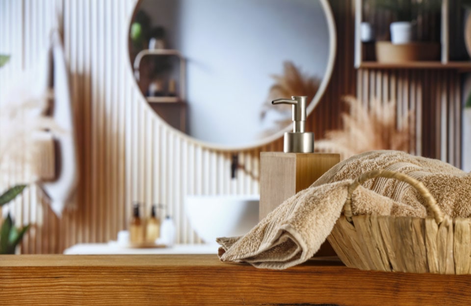 Dettaglio di bagno con piano in legno e rivestimento a listelli