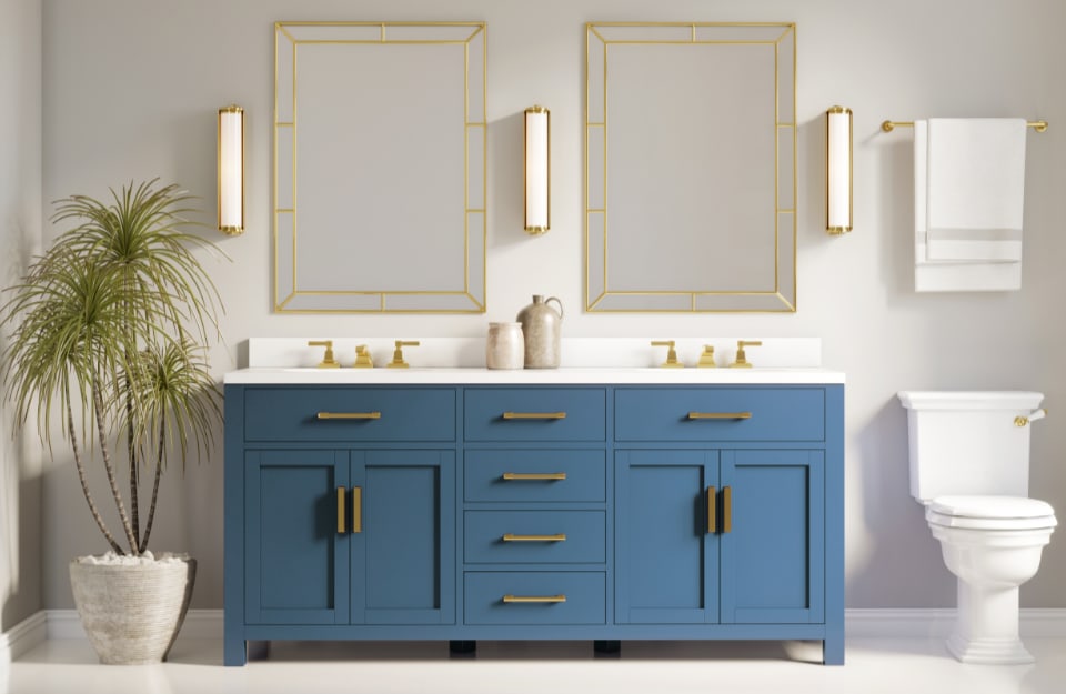 Mobile lavabo blu con doppio lavabo e dettagli dorati