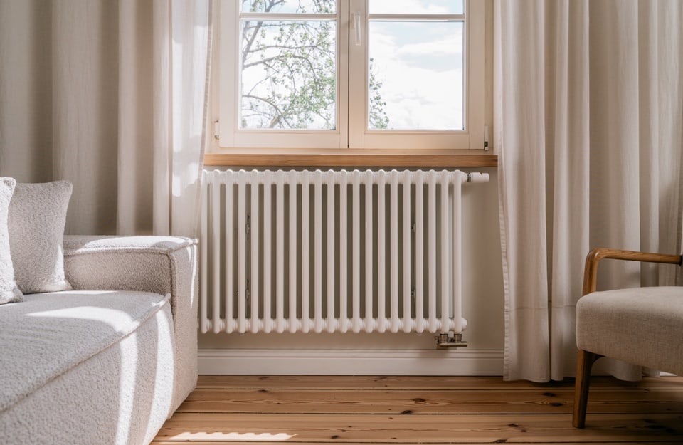Termosifone sotto la finestra in soggiorno con pavimento in legno