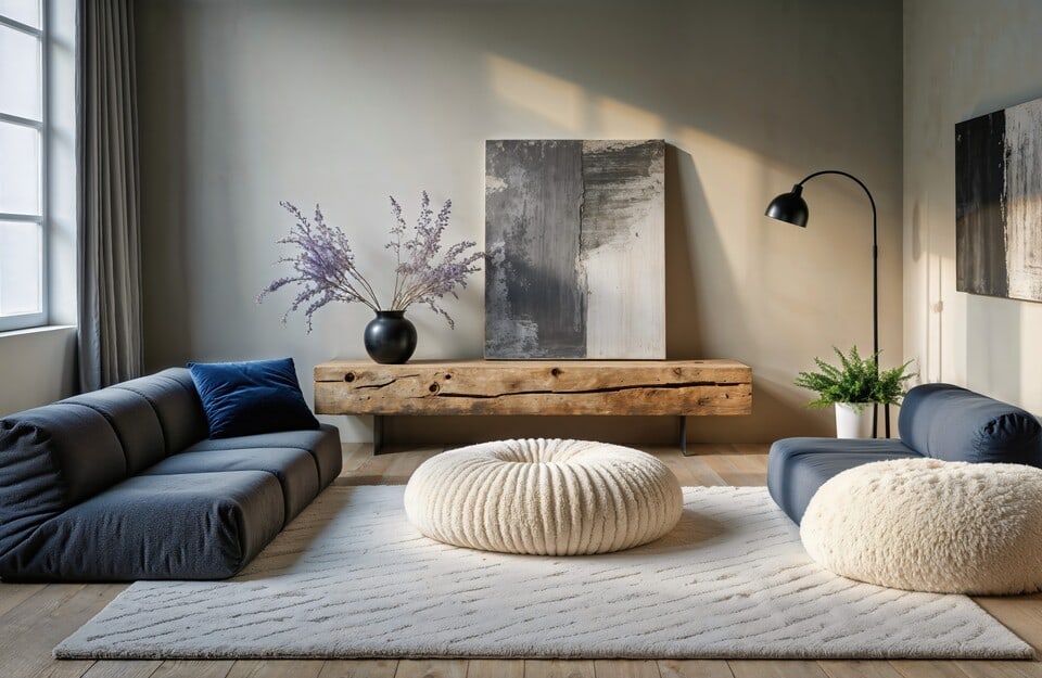 Soggiorno materico con divani blu, pouf in bouclé e mensola in legno grezzo