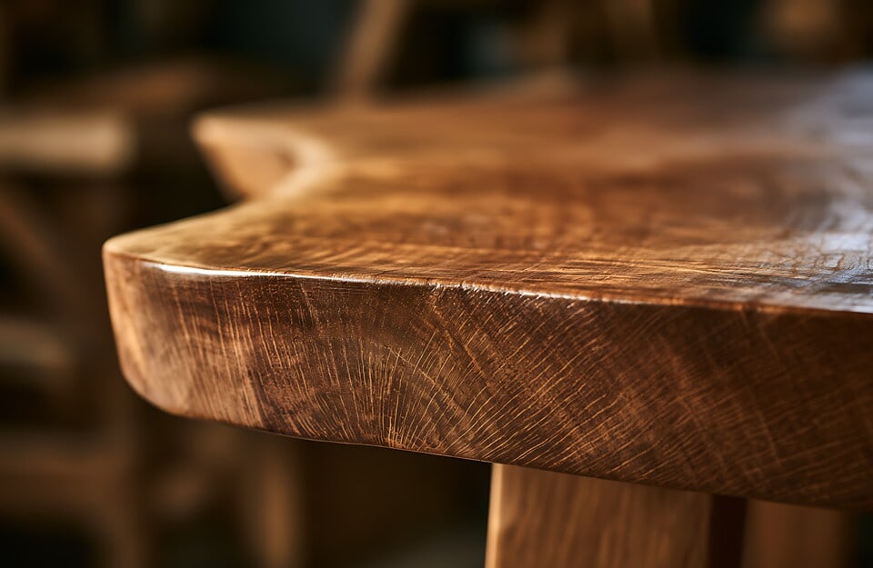 Primo piano su venature e texture di un tavolo in legno massello