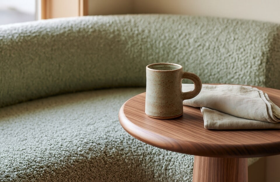 Tazza in ceramica su tavolino in legno accanto a divano in bouclé verde